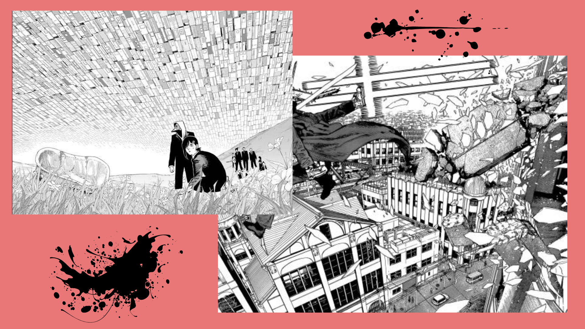 two highly detailed manga panels, left: Kobeni and others in Hell. Right: overhead shot of a building blowing up.