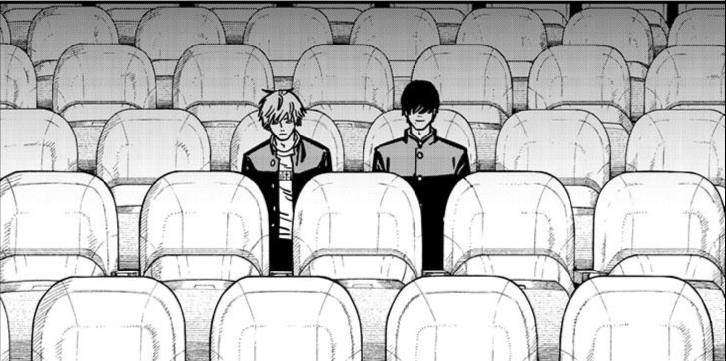 Hirofumi Yoshida and Denji sitting in theater from Chainsaw Man manga panel.