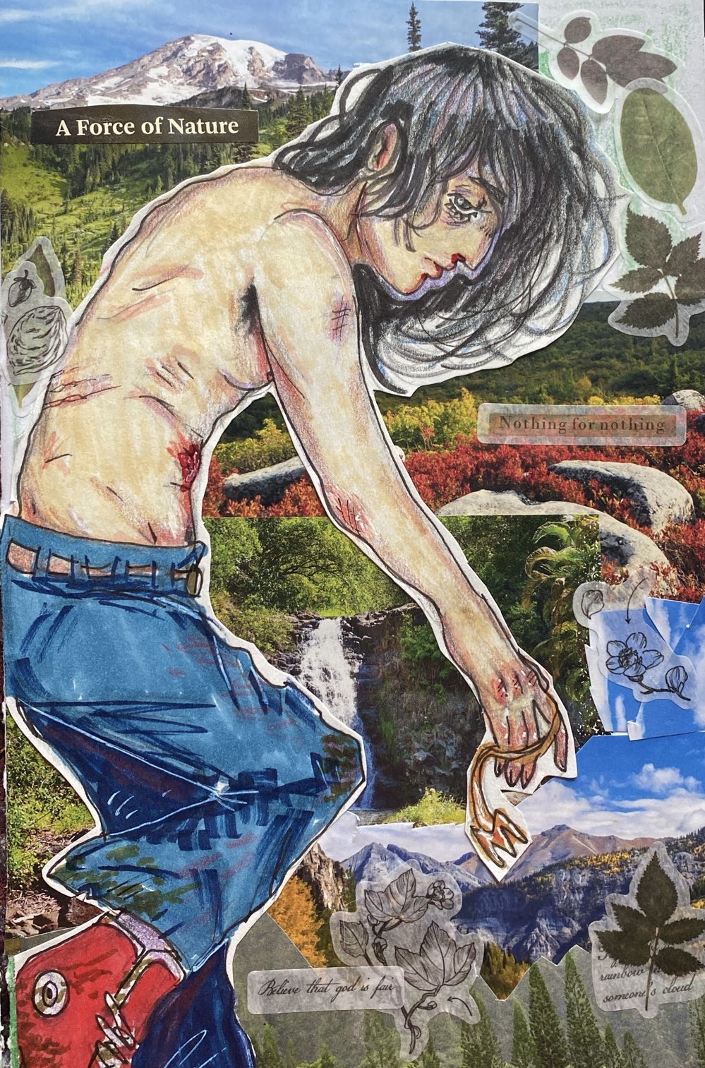 A traditional collage I made with forests in the bg. A drawn Michael Morrow is in the foreground curled up. He has long, black, wispy hair. He is shirtless and has several bruises and scars. He has a stab wound in his gut.