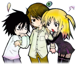 chibi L and Misa hugging a disgruntled Light from Deathnote